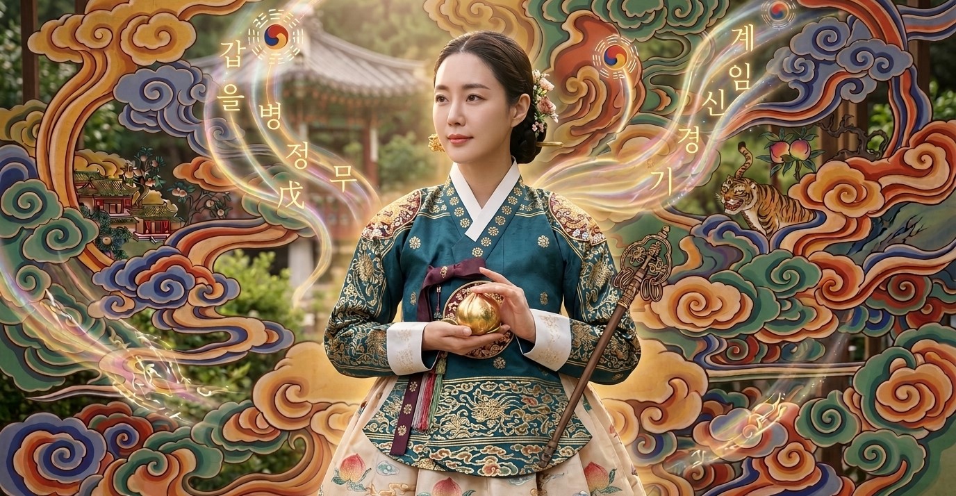 A woman sage of the four pillars, seated among clouds with the ten heavenly stems